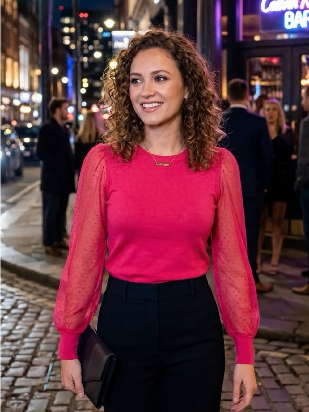 Calvin Klein Bright Pink Sheer Puff Sleeve Top